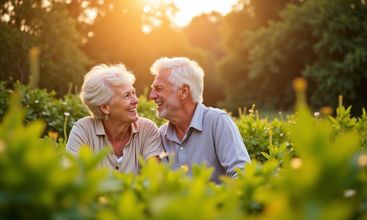 A happy senior couple enjoying a peaceful moment in their garden, symbolising a secure retirement.